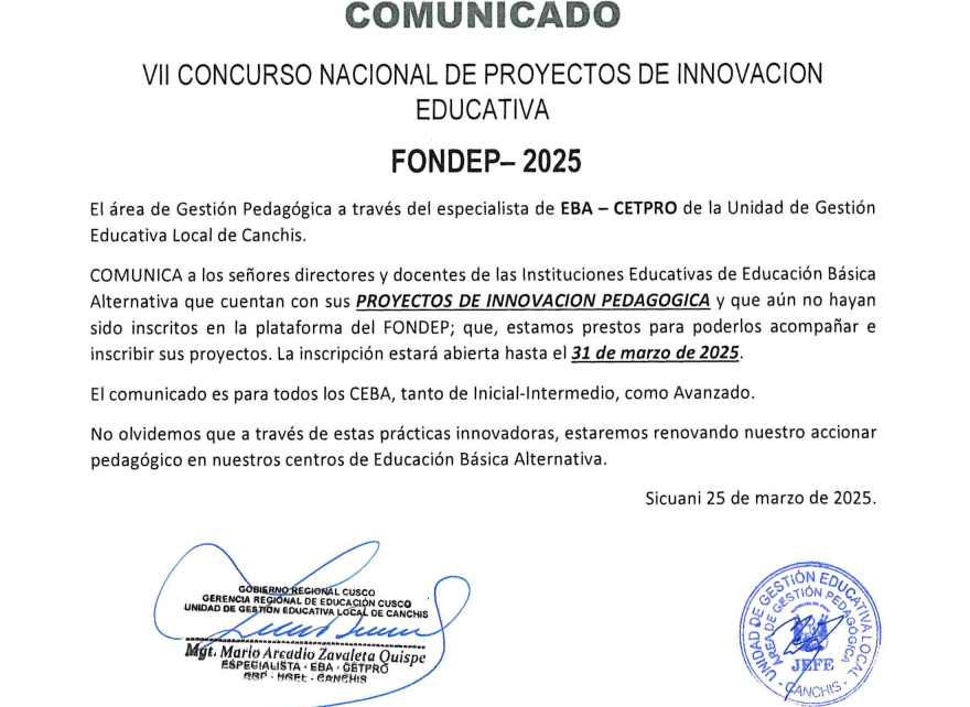 Comunicado - VII CONCURSO NACIONAL DE PROYECTOS DE INNOVACION EDUCATIVA FONDEP- 2025